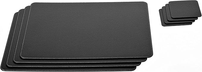 Nikalaz Set of Small Black 4 Placemats and 4 Coasters Made of Recycled Leather, Place Mats (15.7'' x 11.8'' and Coasters 3.9'' x 3.9'', Black)