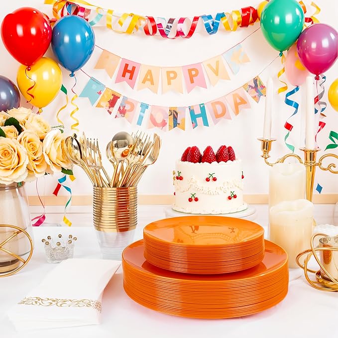 MirthMood 210PCS Orange Plastic Plates,Orange plastic Dinner Plates– Plastic Plates Set Includes 30 Dinner,30 Dessert Plate,30 Cup&50 Napkins, 30 Silverware for Wedding & Birthday Parties