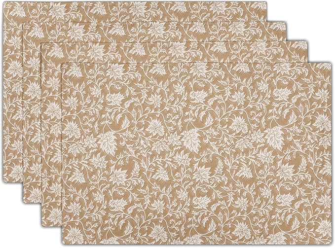 Block Print Placemats - Vintage Floral Place Mats Set of 4 Rustic Brown Beige Tablemats 12x18 for Party Kitchen Dining