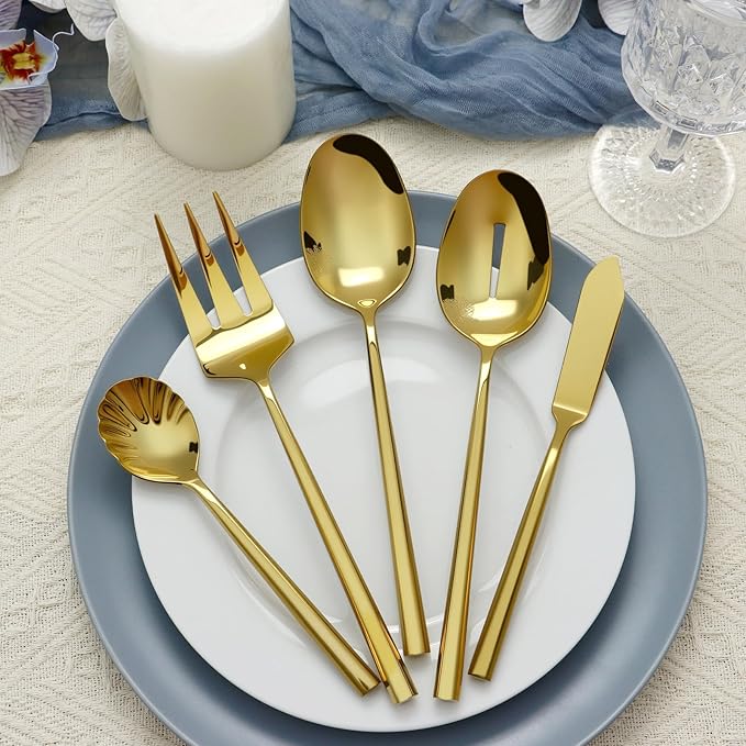 Silverware Set 45-Piece Stainless Steel Cutlery Set, Gold Hexagon Mirror Polished Flatware Serving Set, Service for 8