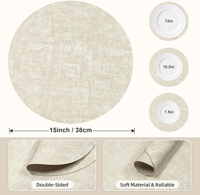 15 inch Faux Leather Round Placemats Set of 4 Non-Slip Washable Wipeable Table Mats, Heat Resistant Waterproof Oilproof Place Mats for Kitchen, Dining, Party, Indoor, Outdoor Beige