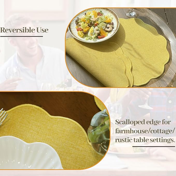 AHHFSMEI Round Faux Linen Placemats Set of 4 Waterproof Table Mats Heat Resistant Non-Slip and Stain Proof for Kitchen Dining Elegant Decor (Yellow,4)