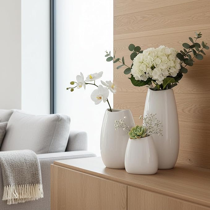 hjn Ceramic Vase Set of 3 White Flower Vase for Home Decor, Modern Decorative Vases for Flowers/Ideal Shelf Decor/Table/Living Room/Kitchen/Office-White