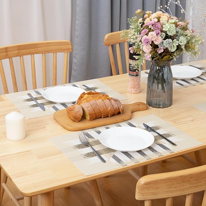 Winknowl Placemats Set of 8, Heat Resistant Stain Resistant Woven Vinyl Insulation Place mats, Durable Washable Elegant Table Mats for Kitchen Dining Table Decor (Geometric Beige)