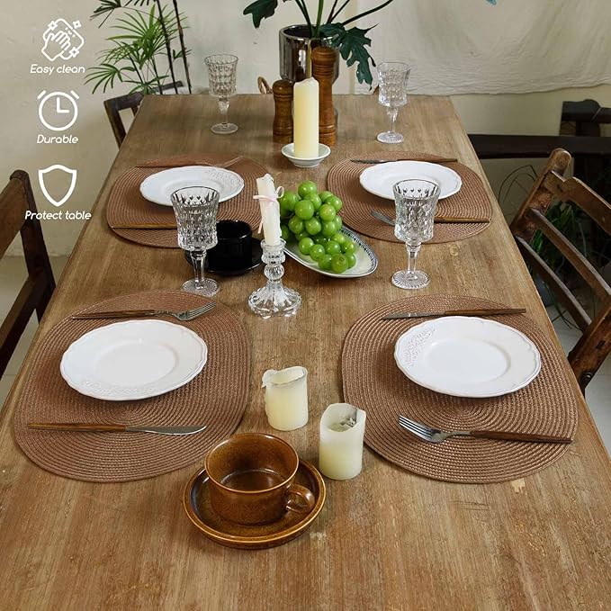 FunWheat Oval Braided Placemats Set of 4 Table Mats for Dining Tables Washable Heat Resistant Place Mats for Indoor Outdoor Use 12 x18 Inch(Oval Light Brown, 4pcs)