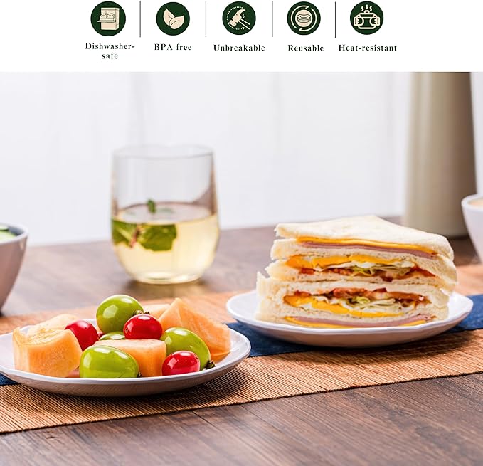 6.7-Inch Melamine Dessert Plates (Set of 6) - Unbreakable and Reusable Dinnerware with Ceramic Feel, Stackable and Dishwasher-Safe (White)