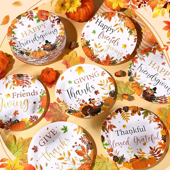 60 Pcs 7 Inch Happy Friendsgiving Paper Plates Give Thanks Plates Decorations Fall Pumpkin Turkey Tableware for Autumn Harvest Thanksgiving Dinner BBQ Picnic Farmhouse Party Supplies