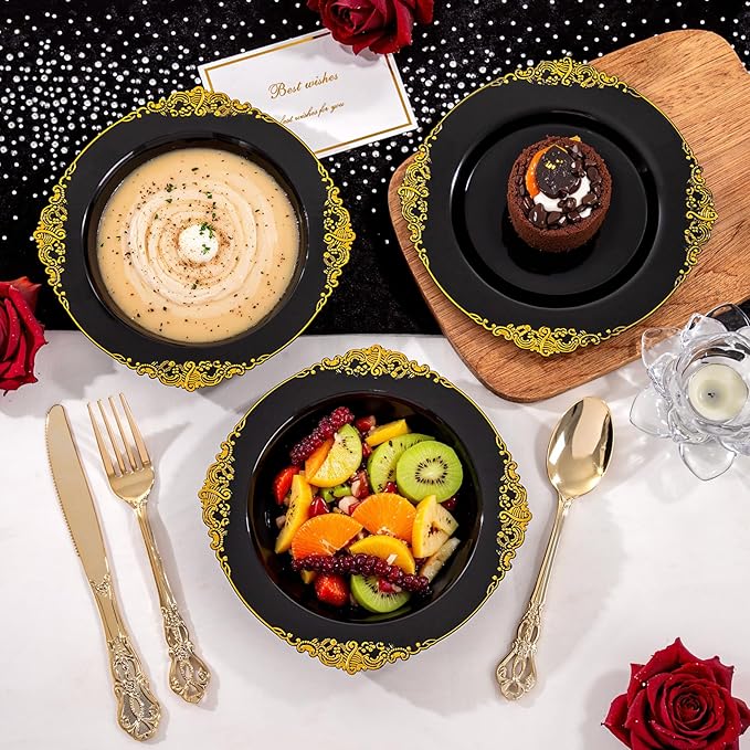 100PCS Black Plastic Bowls - 12 oz Black Gold Disposable Salad Bowls - Heavy Duty Soup Serving Bowl - Fancy Plastic Candy Bowl for Weddings, Parties, Dinners, Catering, Picnics, Party