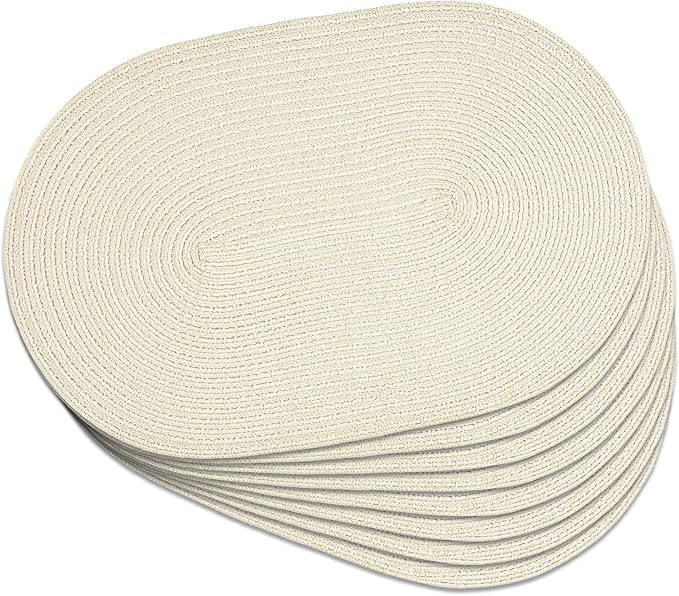 Noctiflorous Oval Braided Placemats Set of 8 Woven 12x18 Inch Non Slip Washable Heat Resistant Place Mats Round Tablemats for Dining Kitchen Party Daily Table Decor Dinner Mats (Solid Beige White, 8)