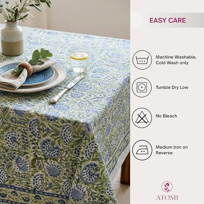 ATOSII Amara 100% Cotton Fall Tablecloth, Handblock Floral Print Rectangle Linen for Kitchen Dining I Parties Wedding Outdoors Picnics Easter I Spring Summer 72 X 120 Inches I 10 Seater Table