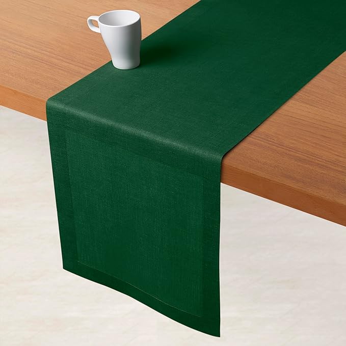 D'Moksha Homes Linen Forest Green Table Runner 132 Inches Long - 100% Pure Linen Extra Long Table Runner 14 x 132 Inch for St Patricks Day, Easter - Machine Washable