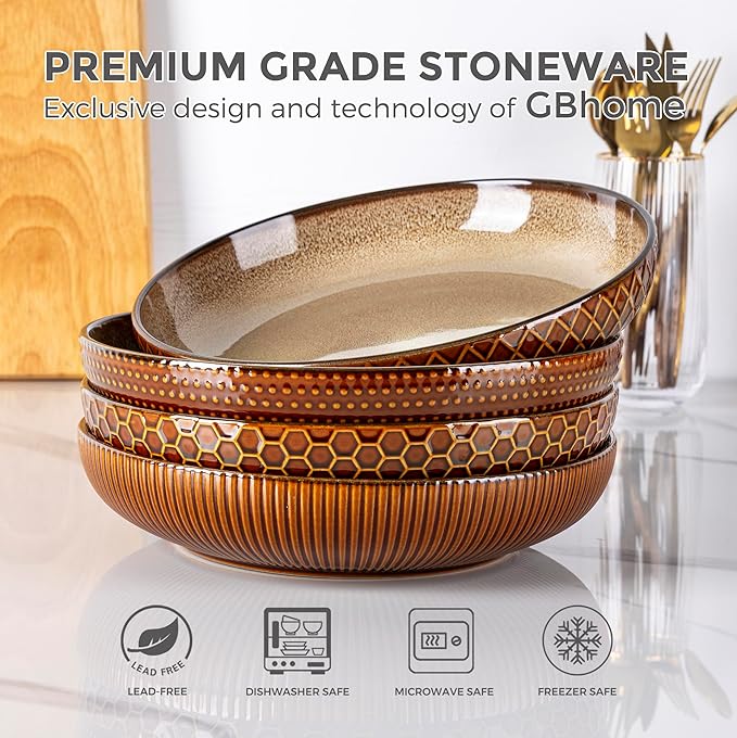 GBhome 9.5'' Large Pasta Bowls, 42 Ounce Stoneware Salad Bowls for Kitchen, Ceramic Serving Bowls With Textured Pattern for Pasta,Fruit, Stews,Noodle, House-warming Gift, Set of 4-Caramel