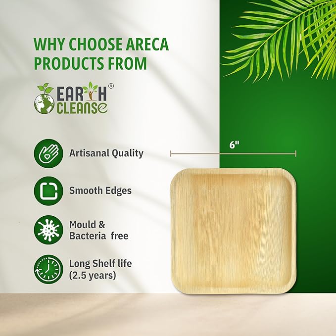 Compostable Palm Leaf Plates 6 Inch Square (50 Pack) | Disposable Biodegradable Plates Like Bamboo & Wooden | Microwave & Oven Safe | Eco-Friendly