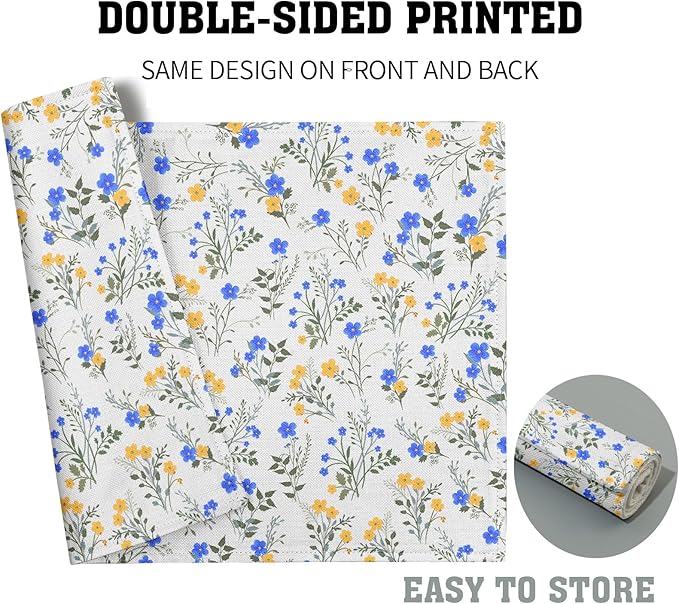 Spring Summer Placemats - Blue Yellow Floral Place Mats Set of 4 Botanical Flower Tablemats 12x18 for Party Kitchen Dining Farmhouse