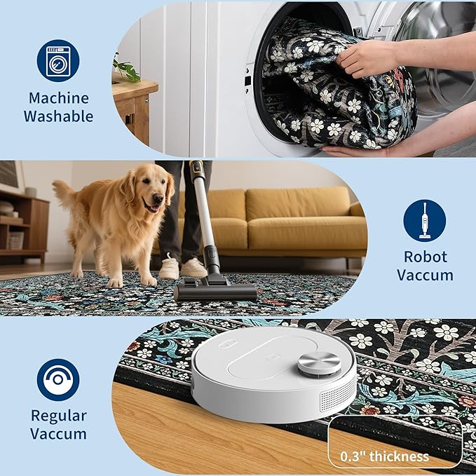 GarveeHome 6x9 Washable Area Rug for Living Room, Floral Dining Room Rugs for Under Table, Low Pile Non-Slip Stain Resistance Floor Carpet for Bedroom, Black