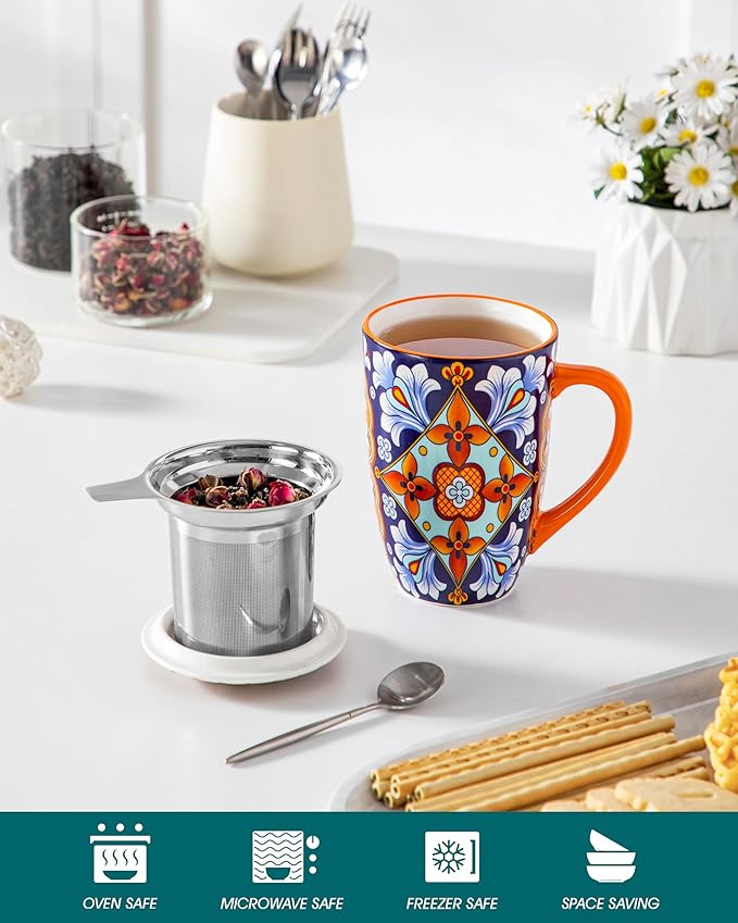 vancasso Ceramic Tea Mug with Infuser and Lid, 18 Ounce Bohemian Loose Leaf Cup, Microwave & Dishwasher Safe, Perfect for Tea, Coffee, Navy-Burnt Baroque