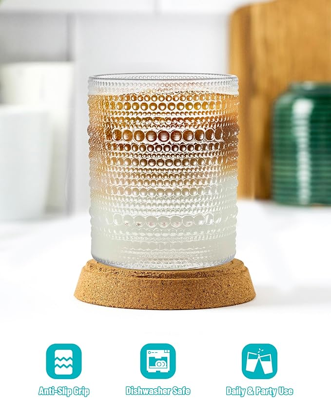 Vintage Dot-Pattern Drinking Glasses Set of 4 – 14.5 oz Clear Short Glass Cups – Embossed Textured Glassware with Anti-Slip Grip, Water Juice Soda Cocktail Tumblers – Thick Glass, Dishwasher Safe