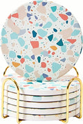 Terrazzo Coasters Set of 6, Ceramic Absorbent Drink Coasters, Cute Moisture Absorbing Coaster, Coffee Table Desk Decor, Colorful Stone Coaster for Drinks (Pastel)