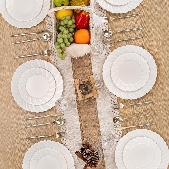 U-QE 60 Pcs Ivory Plastic Plates for Party – Scalloped Plastic Plates Heavy Duty & Elegant – Include 30 10.25" Dinner & 30 7.25" Dessert Plates - Perfect for Party & Wedding