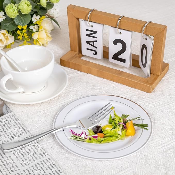 bUCLA 200PCS Silver Plastic Plates - 6.25inch White with Silver Trim Disposable Salad/Dessert/Appetizer/Small Cake Plates - Ideal for Wedding & Party