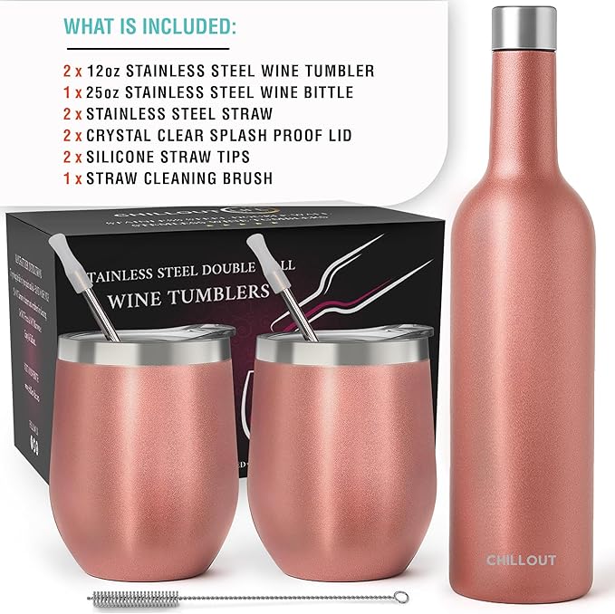 CHILLOUT LIFE 12 oz Stainless Steel Wine Tumblers 2 Pack & 1 Insulated Wine Bottle - Double Wall Vacuum Insulated Wine Glasses Cups with Lids and Straws Set Keeping Cold & Hot Gift Set - Rose Gold