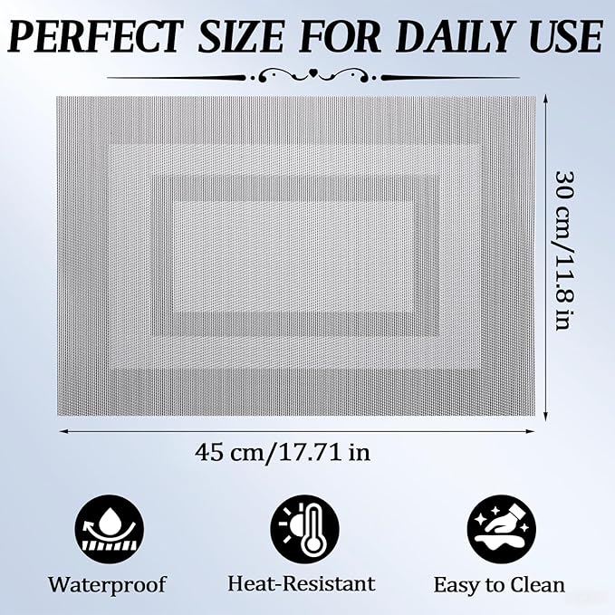 Timeet Gray Placemats Set of 4, Heat Resistant Non-Slip Place Mats, Durable Washable PVC Vinyl Woven Table Mats, Wipeable Placemats for Dining Table Easy to Clean