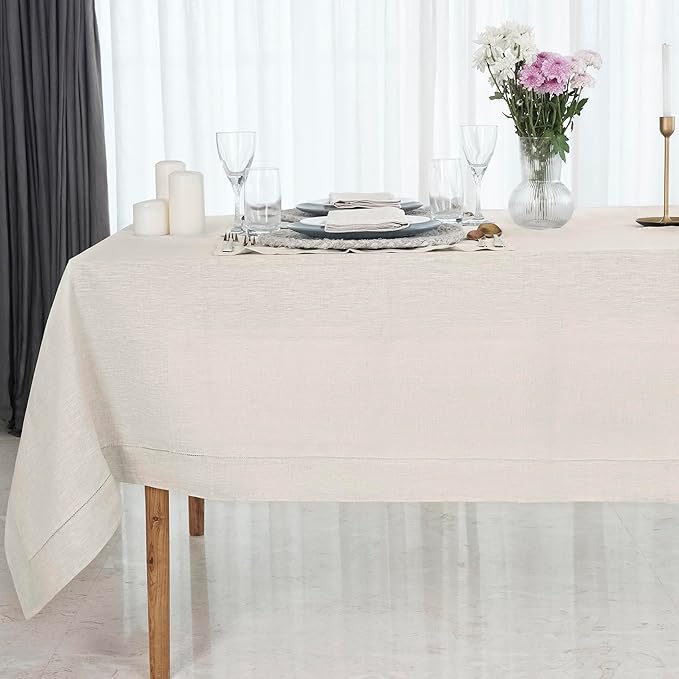 D'Moksha Homes Light Natural Linen Tablecloth 54 x 72 Inch - 100% Pure Linen Natural Table Cloth for Rectangle Tables - Classic Hemstitch, Machine Washable Tablecloth for Valentines, Spring, Easter