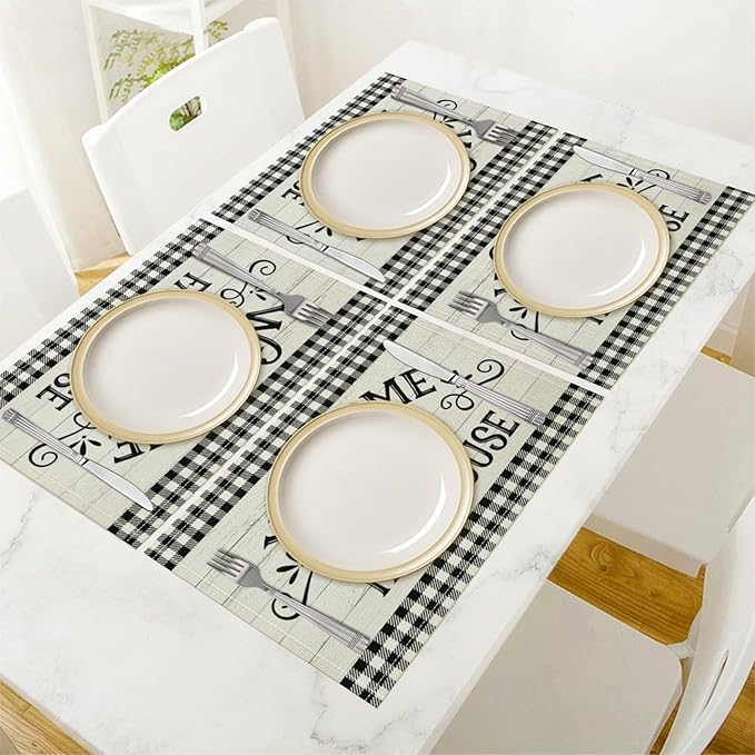 Vintage Farmhouse Placemat Set, Rustic Minimal Black White Check Inspirational Quotes Sketch Sunflower Pattern Home Decoration Linen Table Mats for Dining Room Kitchen Party (17x12in) x4P