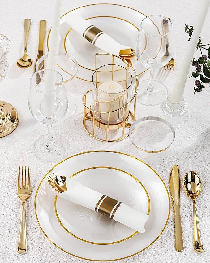 Morejoy 60Pcs Pearl White Plastic Plates,White Disposable Plates With Gold Rim,Heavy-duty Gold Plates, Modern swirl design Plate Include 30Clear Dessert-Platos,30Dinner-Platos for Party&Christmas