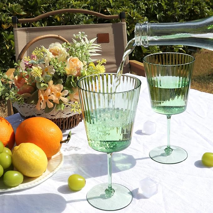 12 PCS Green Plastic Wine Glasses with Removable Stems 13.5 Oz Ribbed Wine Glasses Square White Wine Glass Muted Pastel Colors Goblets Elegant Fluted Glassware for Wedding Anniversary Birthday