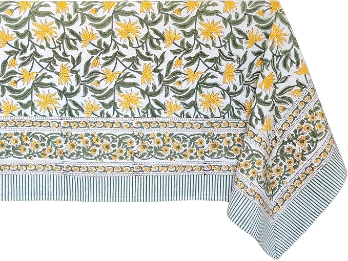 ATOSII Noor 100% Cotton Rectangle Spring Tablecloth, Handblock Floral Print Linen Table Cloth for Kitchen Dining I Parties, Outdoors, Weddings, Easter Holidays I 72 X 108 Inches I 8 Seater
