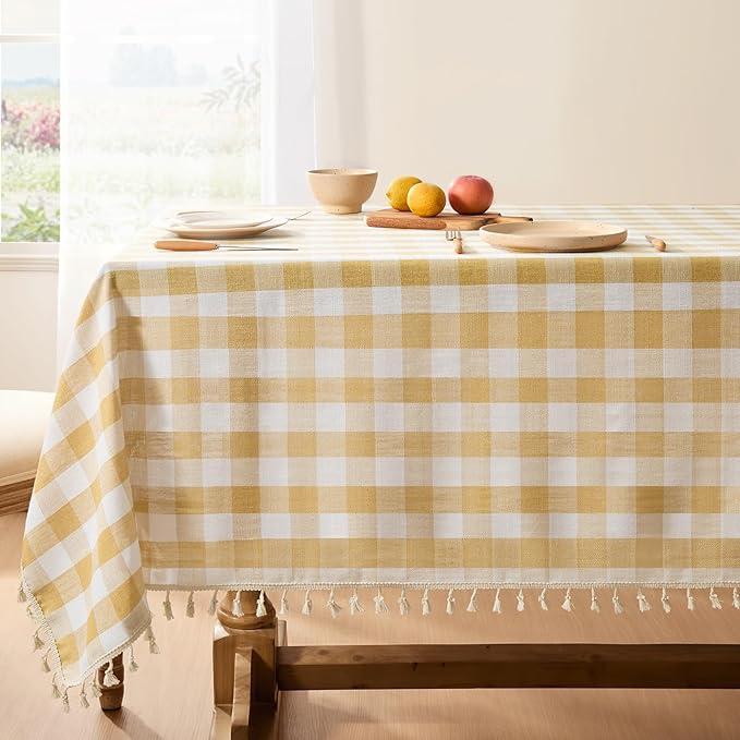Softalker Checkered Tablecloth Square, Outdoor Linen Cotton Gingham Table Cloth with Tassel, Heavy Duty Wrinkle Free Buffalo Plaid Table Cover for Kitchen Dining Home Party - 55 x 55 Inch, Yellow