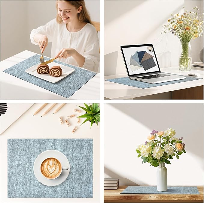 DOLOPL Placemats Set of 6, Reversible Wipeable & Heat Resistant Place Mats, Modern Faux Leather Table Mats for Kitchen, Neutral Waterproof Tablemats for Dining Table Decor, Wedding, Party(Dusty Blue)