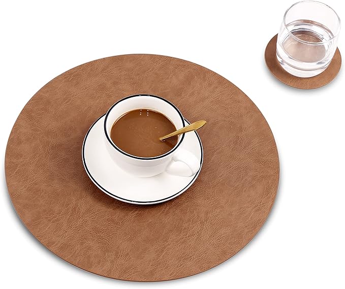 Set of 8 PU Leather Placemats, Waterproof Coffee Coasters, Kitchen Table Mats, Easy to Wipe Off for Dining Round Table