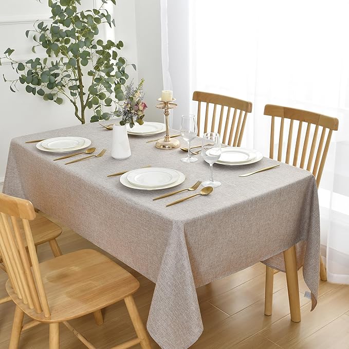 JIUZHEN Faux Linen Farmhouse Tablecloth Rectangular, Wrinkle Stain Resistant Table Cloth Rectangle Table Cover for Kitchen Dining, Holiday Party Dinner, Stone, 60 x 84 Inch
