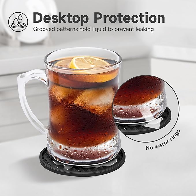 Coasters for Drinks, Silicone Coasters Set of 12 with ABS Holder, Outdoor Coaster for Coffee Table, Non-Slip Rubber Table Cup Mat Desk, Heat Resistant & Scratch-Proof (Black)