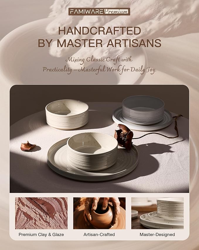 Stoneware Dinnerware Set, Highly Chip & Scratch Resistant Everyday Plates and Bowls for 8 (24pcs), Reactive Glaze Speckled Ceramic Straight Dishes with Gift Box, Microwave Dishwasher Safe, Shell Beige