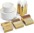 FOCUSLINE 600 Ct Gold Dinnerware Set for 100 Guests - Gold Rimmed Disposable Plastic Plates, Includes 100 Dinner & Salad Plates, Cups, Cutlery Set for Wedding Parties