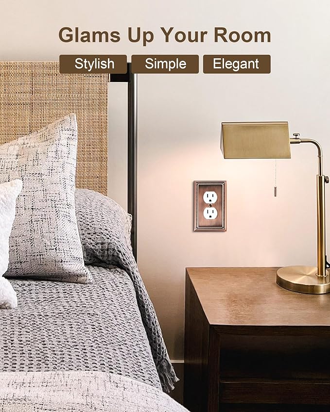 6-Pack Duplex Outlet Cover Plate, Antique Copper Metal Wall Plates for Electrical Outlets, 1 Gang Receptacle Cover, Pearls Decorative Switch Plates and Outlet Covers