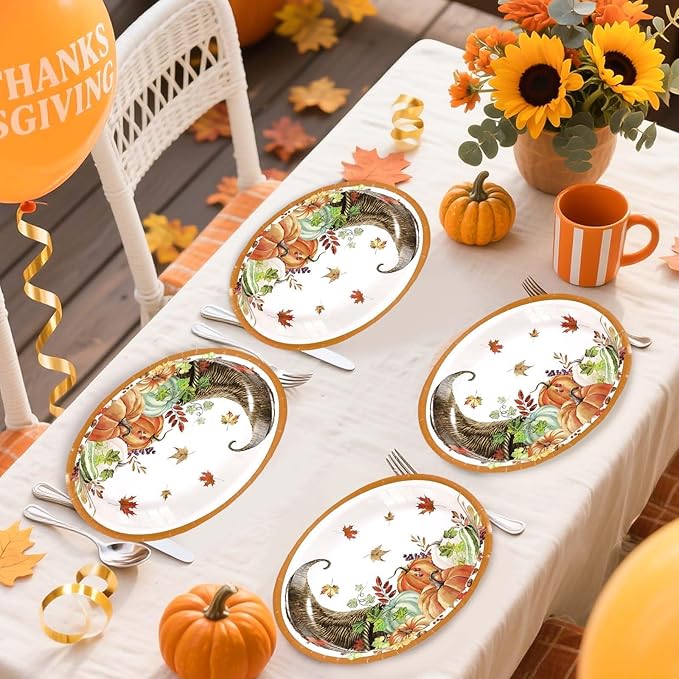 Grencian 50Pcs Thanksgiving Oval Paper Plates Thanksgiving Harvest Plates 10" X 12" Large Disposable Fall Pumpkin Cornucopia Platter Rustic Farmhouse Tableware for Autumn Harvest Party Decorations