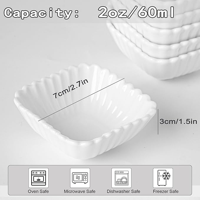 UIBFCWN 12 Pack Ceramic Soy Sauce Dishes, 2 oz Square Dipping Sauce Cups/Bowls/Dishes for Kitchen, Small Dip Bowls Set, Mini Bowl for Side Dish, Ketchup, Soy, BBQ, Sushi, Party - 2.75inch
