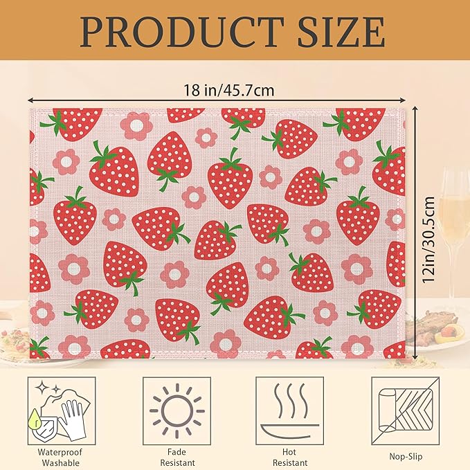 Placemats Set of 6,Strawberry Fruit Linen Place Mats,Modern Washable Strawberries Pink Table Placemats 12"x18" Heat Resistant Table Mats for Dining Kitchen Party Holiday Decoration
