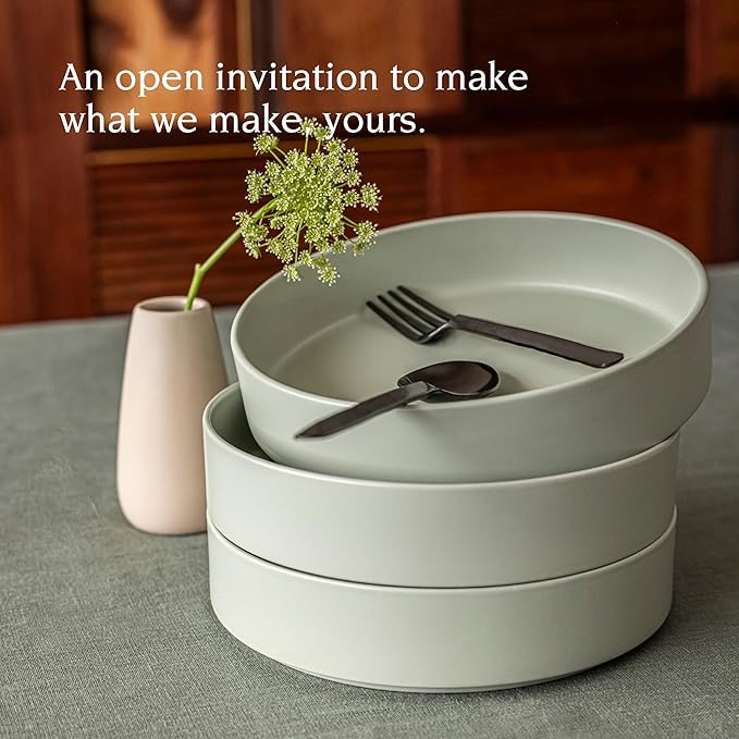 over&back Stackable Dinner Bowl Set - Stoneware Dishes - Comes with 4 Dinner Bowls - All-Occasion Place Settings Perfect for Pasta, Salads, Snacks - 8.3" x 8.3" x 1.9" - 40oz - Semi-Matte Sage