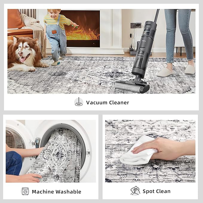 Deerly 5x8 Rugs for Bedroom Living Room - Machine Washable Rugs Large Non-Slip Family & Pet Friendly Area Rugs Carpet Oriental Neutral Print Floor Rug Border Grey/Navy