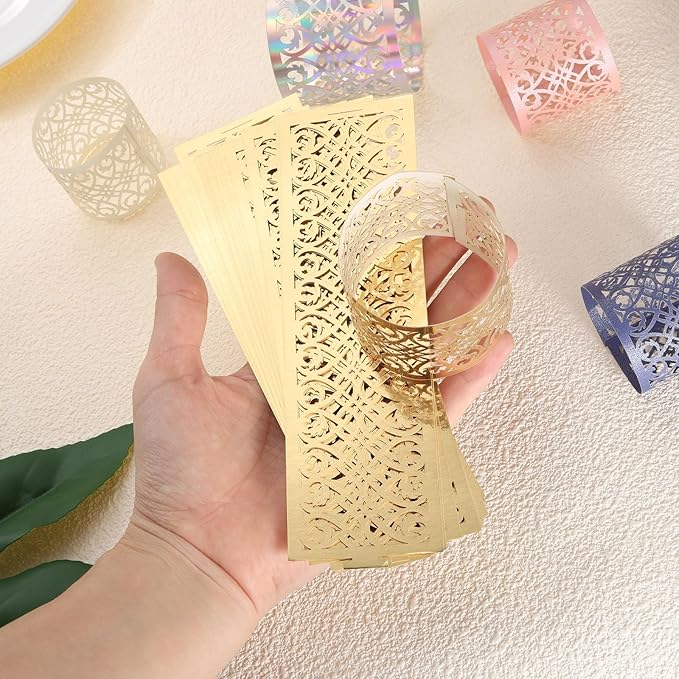 uxcell 100Pcs Napkin Rings Laser Cut Foil Paper, Napkin Holder Hollow Napkin Bands for Weddings Party Serviette Table Decoration Restaurant (Reflective Gold, 5.3 x 1.6)