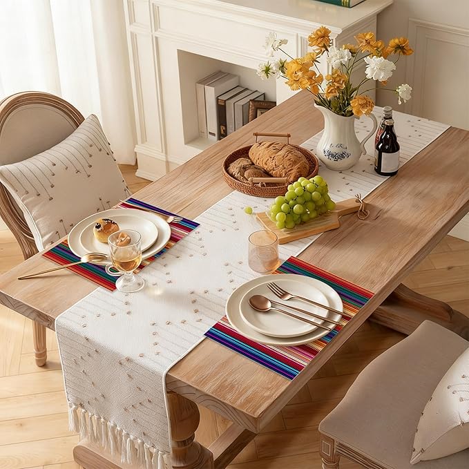 Mexican Placemats Set of 6, Waterproof Linen Fabric, Non-Slip Backing & Easy Clean, Elegant Dining Table Protectors for Family and Guests(Mexican Ethnic Colorful Stripes)