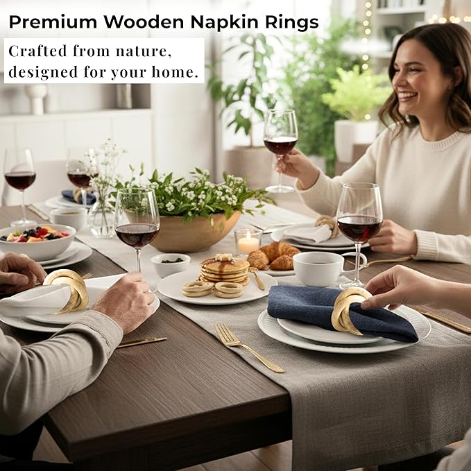 Farmhouse Napkin Ring Set of 12 - Wooden Napkin Holders for Dining Table, Everyday Use, Thanksgiving, Holiday, Christmas, Festive, Party, Gift, Décor (Shades of Brown) - CLEENTABLE
