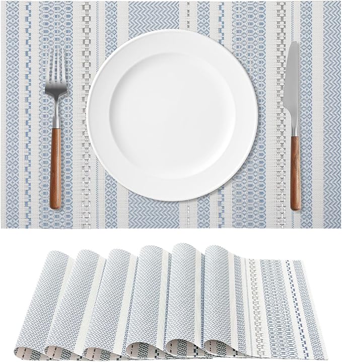 FAVE Blue Boho Vinyl Placemats Set of 4, Durable Woven Place Mats Washable Heat Resistant PVC Table Mats for Parties,Weddings, Dining,Banquet(Blue, 4PCS)