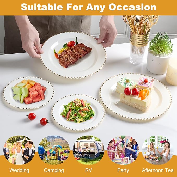 EI 60pcs Beige Plastic Plates with Gold Rim,Ivory Disposable Plates,Heavy Duty Fancy Plastic Plate,10.25" Dinner & 7.5" Dessert Plate Elegant for Party,Wedding,Birthday,Spring,Afternoon tea