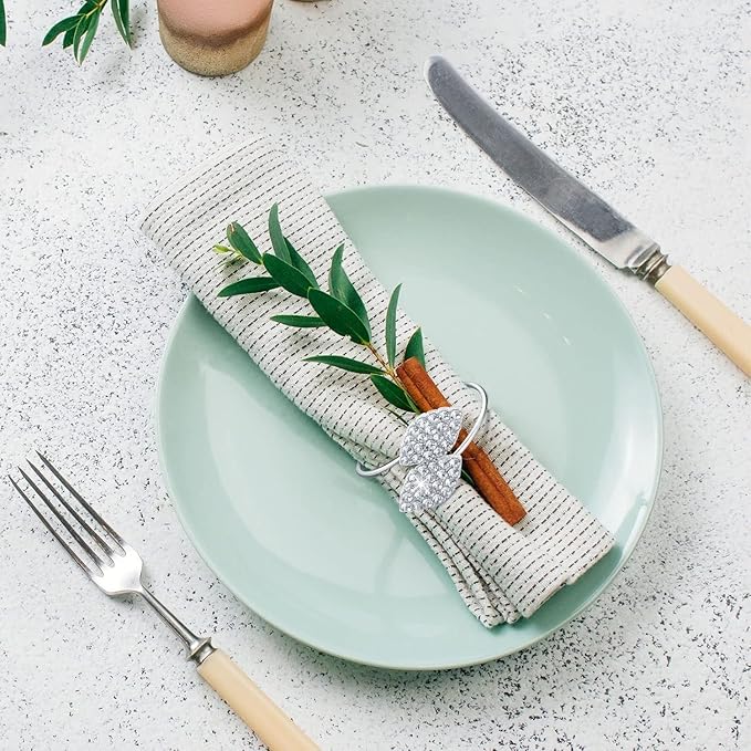 Set of 100 Napkin Rings Metal Silver Elegant Bling Leaves Rhinestone Napkin Rings Bulk Dinner Banquet Serviette Decor, Dining Table Setting for Thanksgiving Christmas Holiday Wedding Party